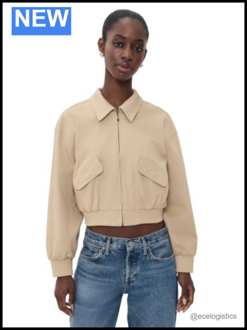 Cotton Twill Cropped Bomber Jacket Women's Zip Front